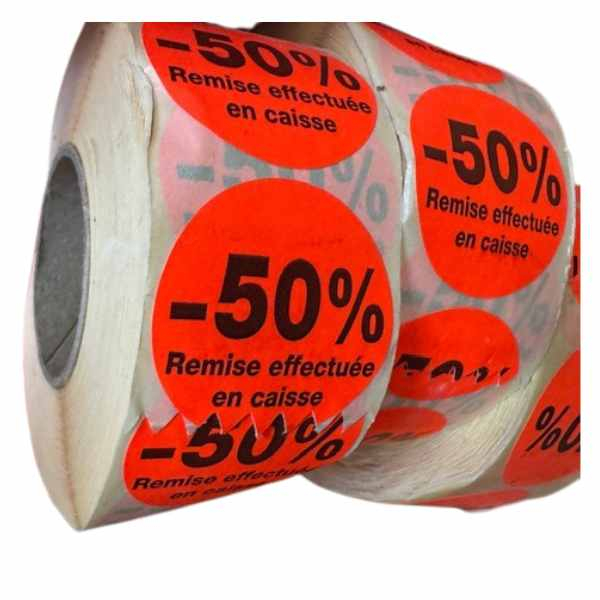 Rouleau d’Étiquettes Promotionnelles -50% – “Remise effectuée en caisse” – Stickers Fluorescents