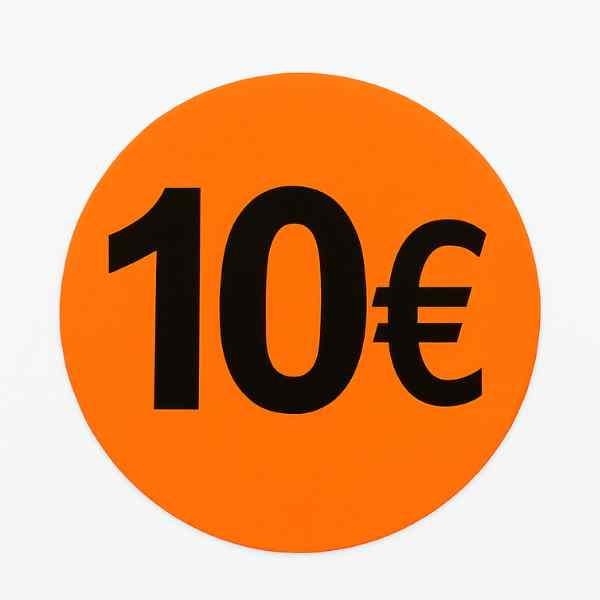 Rouleau d’Étiquettes Promotionnelles 10 €  – Stickers Fluorescents